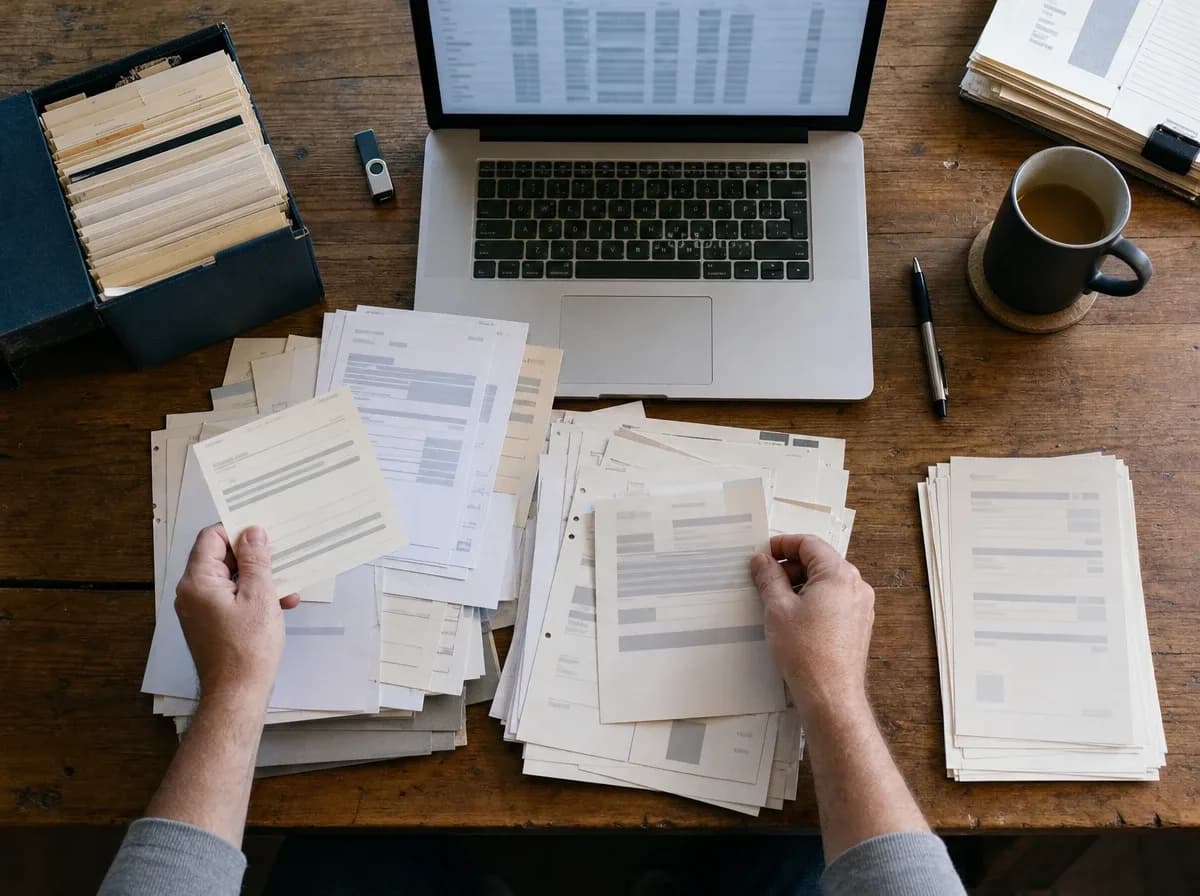 Hände sortieren alte Papierunterlagen und Karteikarten neben einem Laptop mit Tabelle, bereit zur Datenübernahme