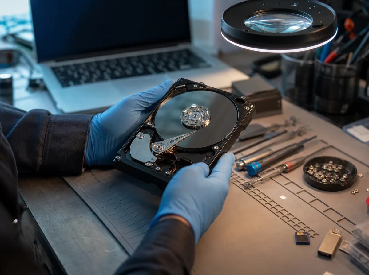 Hände in Handschuhen halten eine geöffnete Festplatte über der Werkbank, daneben Werkzeug und Lupenleuchte