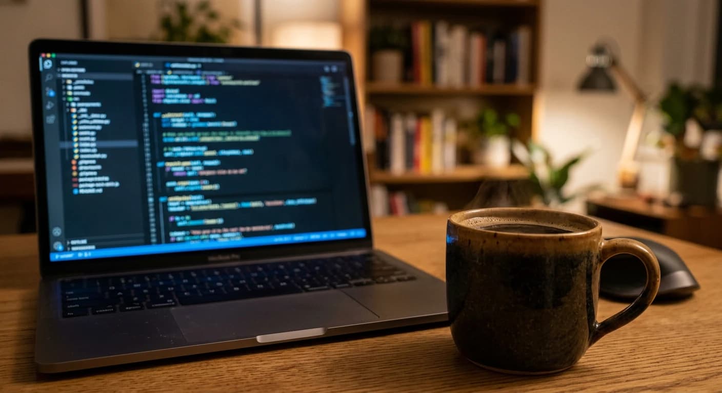 Bildschirm mit Code-Editor in unscharfer Darstellung neben einer Tasse