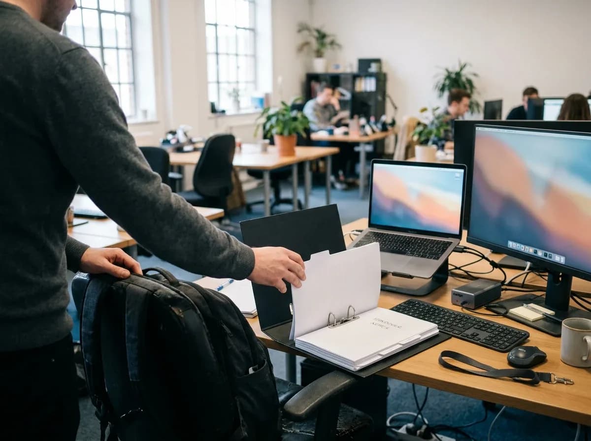 IT-Fachkraft legt am ersten Tag im Büro eines Betriebs einen Ordner mit Übergabenotizen neben Laptop und Monitor